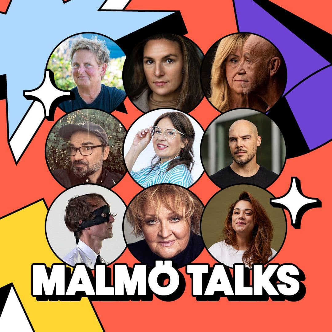 Nio cirklar med profilbilder på medverkande talare på Malmö Talks, under bilderna står det Malmö Talks.